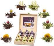 Creano Teelini theebloemen in kopformaat, cadeauset in houten theekist, 12 Erblühteelini in 8 soorten - witte thee & zwarte thee