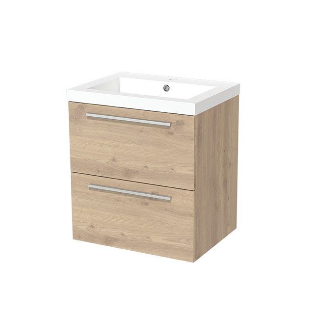 Maxaro Badkamermeubel 60cm Modulo Lichtbruin Eiken 2 lades Vlak Wastafel Mineraalmarmer