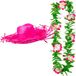 Merkloos Carnaval verkleed set - Tropische Hawaii party - stro hoed roze - met bloemenslinger groen/roze - volwassenen