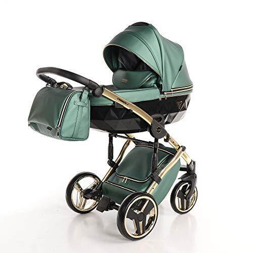 Junama Combi kinderwagenset FLUO LINE babywagen buggy babyschaal + accessoires (02 goud-fluo groen zwarte kuip, 2-in-1)