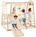 COSTWAY Structure d'escalade, triangle d'escalade 8-en-1 avec balançoire, filet d'escalade, toboggan, mur d'escalade, barres de singe, échelle de corde et plateforme pour enfants à partir de 3 ans, naturel