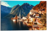 Merkloos / Sans marque Dibond - Dorpje in de Bergen aan het Water - 60x40 cm Foto op Aluminium (Wanddecoratie)