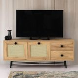 Hanah Home Stijlvolle tv-standaard met 2 laden en planken, eiken en zwart, 140 x 60 x 40 cm, 100% melamine gecoat, 18 mm dik, bohemian, industrieel, rustiek design