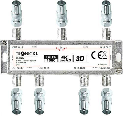 TronicXL 6-voudig BK verdeler Premium TV kabel adapter antenneverdeler kabeltelevisie DVBC bv voor Unitymedia Splitter Unicable 6-voudig HD geschikt 4K HDTV DC doorlaat FM radio satellietsystemen