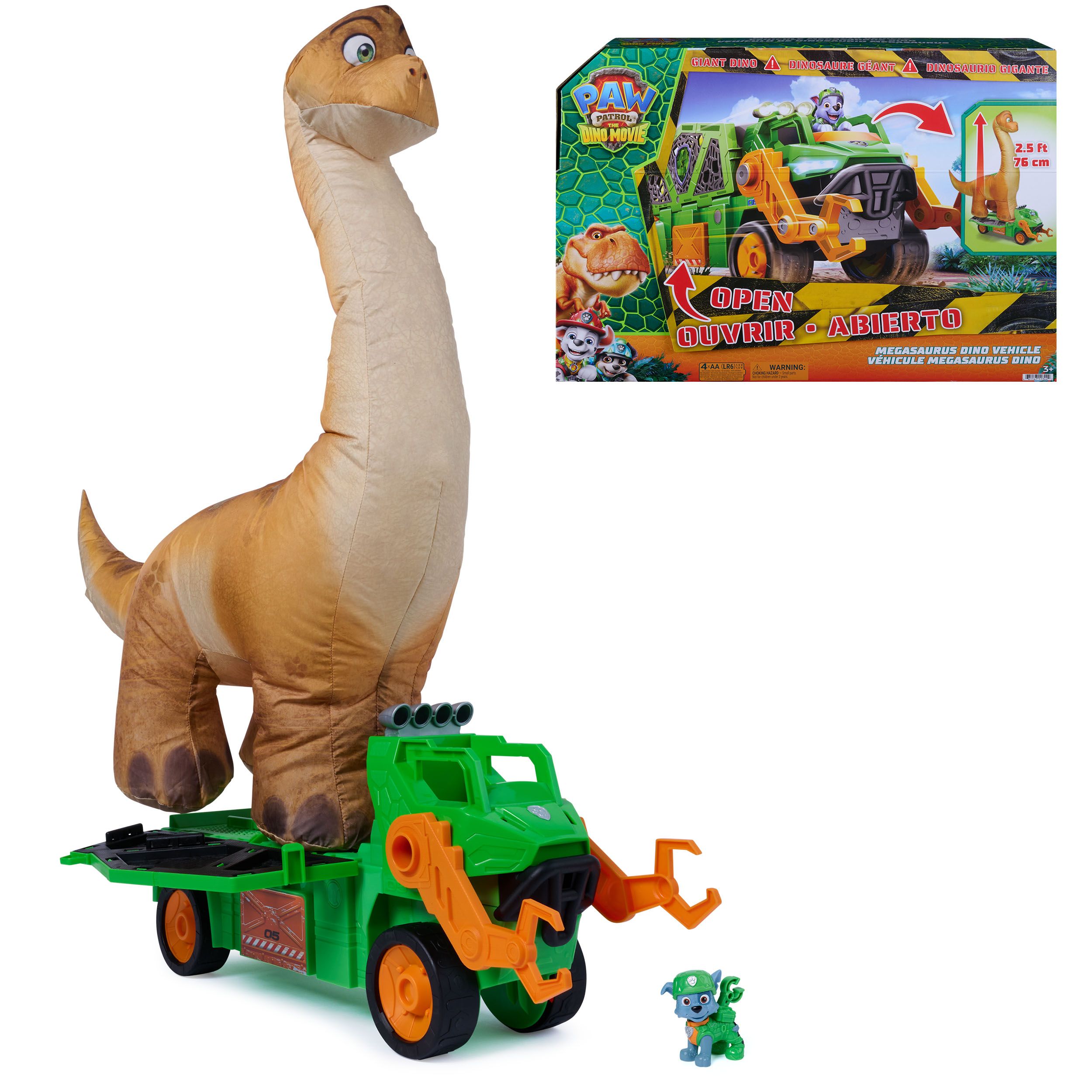 Spin Master PAW Patrol - De Dino Film, Megasaurus Dino -voertuig met een opblaasbare speelgoeddinosaurus van 76,2 cm en Rocky-actiefiguur