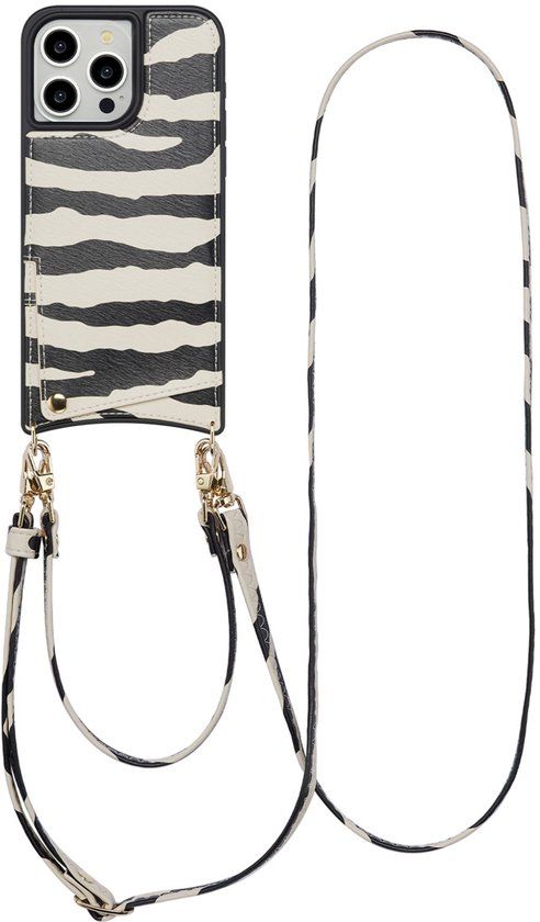 Selencia Hoesje - Geschikt voor Apple iPhone 15 Pro Max - Backcover met koord en pashouder - Zazzy Zebra