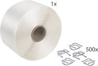 Kortpack - Set: Omsnoeringsband/Polyesterband op Rol 16mm breed x 850mtr lang en 500 Gespen 16 mm