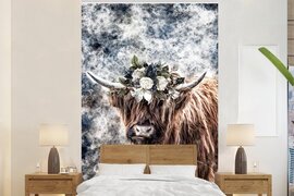 Nr1Wallpaper Behang - Fotobehang Schotse Hooglander - Bloemen - Zwart - Breedte 225 cm x hoogte 350 cm