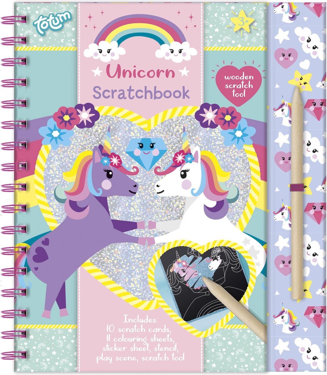 Totum Unicorn Scratch art - sticker en kleurplatenboek met eenhoornthema - krasboek