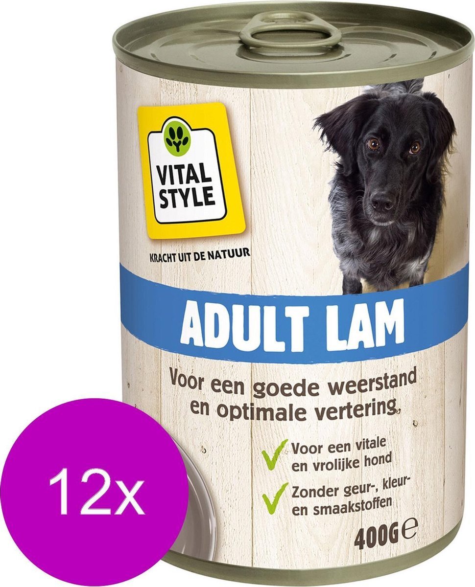 ECOSTYLE Blik Vitaal Vlees Adult - Hondenvoer - 12 x Lam 400 g