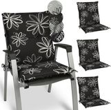 Beautissu Flores – Set van 4 Tuinkussens Hoge Rug 100x50x6 cm Zitkussen Tuinstoel UV-lichtecht Tuinstoelkussens Zwart Kussen met Print
