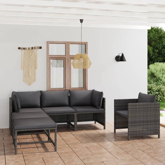 The Living Store Loungeset - Poly rattan - Grijs - PE-rattan - Gepoedercoat staal