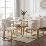 OKWISH Eetkamerstoel – Set van 6 – Chenille – Beige en Goud – Met Metalen Onderstel
