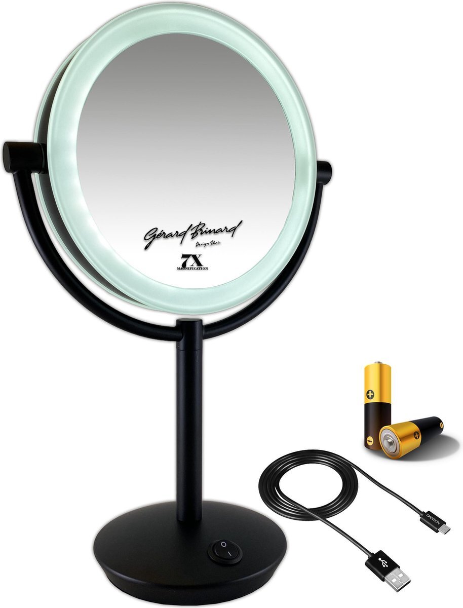 Gerard Brinard Metalen verlichte Make-up LED Spiegel mat zwart 7x vergroting 19cm doorsnee, inculsief 4x AA batterijen