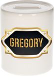 Bellatio Decorations Gregory Spaarpot met voornaam - wit - met goud/zwart embleem - 8 x 9 cm - keramiek - met afsluitdop - cadeau verjaardag