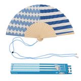 Fisura - Houten waaier met blauwe strepen en golven, modern handaccessoire met polsband inbegrepen, kleurrijke zomerstijl voor strand, reizen en festival, cadeau-idee voor dames, 42,5 x 23 cm