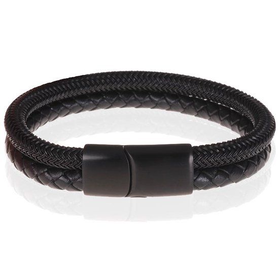 TJ Tom Jaxon Tom Jaxon Heren armband Gevlochten Leer en Staal Zwart-19cm