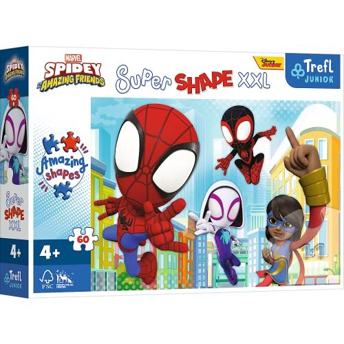 Trefl Junior - Spidey and His Amazing Friends, Slim Spiday - Puzzle 60 XXL Super Shape - Gekke Vorm Puzzels, Grote Stukjes, Kleurrijke Puzzels met Sprookjesfiguren, Leuk voor Kinderen Vanaf 4 jaar