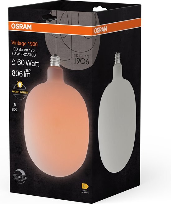 OSRAM Vintage 1906 Balloon is a dimmable LED lamp with a balloon-shaped filament. It offers 7.3 W for 806 lm, E27 socket, frosted glass, 170-mm diameter, colour rendering CRI 80, 2,700 K, EEK E.