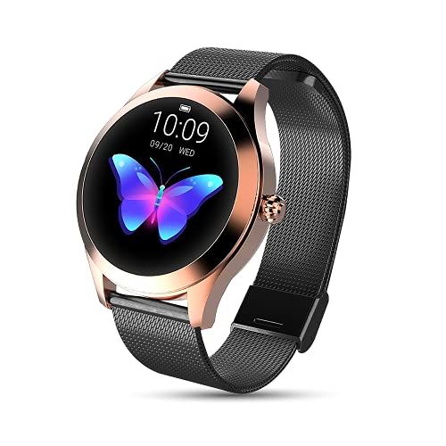 luniqueshop Ronde zwarte smartwatch, OLED touchscreen dameshorloge, waterdicht, stappenteller, hartslagmeting, calorieën, slaap, Android, iOS