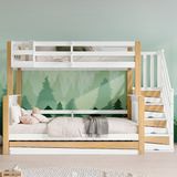 in& out door furniture Lit enfant, avec barre de sécurité et rambarde, conçu avec trois positions de lit, avec lit gigogne, blanc + naturel, 90x200 & 120*200cm