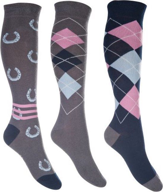 HKM Cardiff Rijsokken Set van 3 - Grijs/Blauw - Maat 35/38