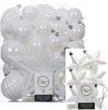 Decoris Boules de Noël et ornements - 56x pièces - blanc nacré - plastique - étoile sommet