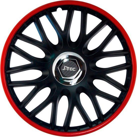 J-Tec Orden R 15-inch Wieldoppenset - Zwart/Rood + Chroom Ring (4-Delig)