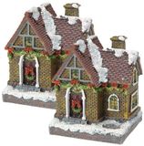 Merkloos / Sans marque Koopman International Verlicht kersthuisje - 2x - gele bakstenen - polystone - 13 cm - kleur veranderende lichtjes - kerstdorp - kerstversiering