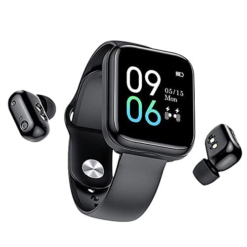KDFJ Draadloze koptelefoon Fitness Tracker Horloge 2 in 1, Smart horloge met Bluebooth oordopjes, waterdichte sportarmband Slaap Muziek Calorie stappenteller-zwart
