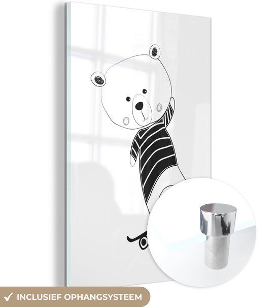 MuchoWow® Glass Painting 60x90 cm - Acrylic Glass Painting - Black and White Children's Illustration of a Bear on a Skateboard - Photo on Glass - Paintings
