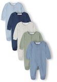 Minoti baby pyjama 5-pack jongens onesie - met voetjes - lange mouw - Blauw - Effen - 100% katoen - 5 stuks