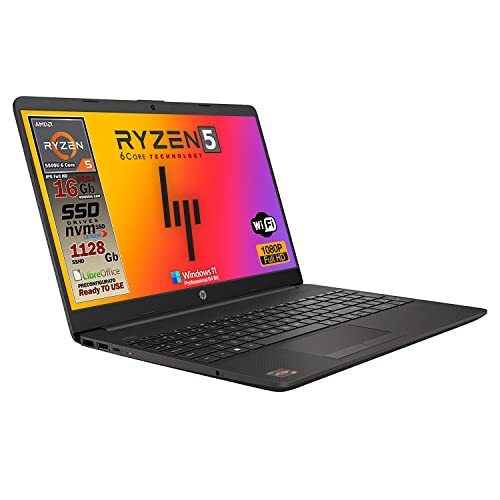 HP Notebook RYZEN 5 5500U 6 Core, SSHD 1128GB Full HD IPS scherm 15,6" DDR4 16GB Wi-Fi, 3x USB waarvan 1x type C, HD webcam, Win11 Pro 64 bit, Libre Office, Pronto gebruik, G. ar. en lay-out Italië