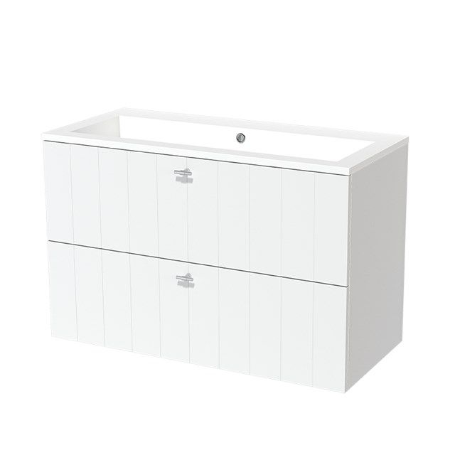 Maxaro Badkamermeubel 100cm Modulo Mat Wit 2 Lades Lamel Wastafel Mineraalmarmer