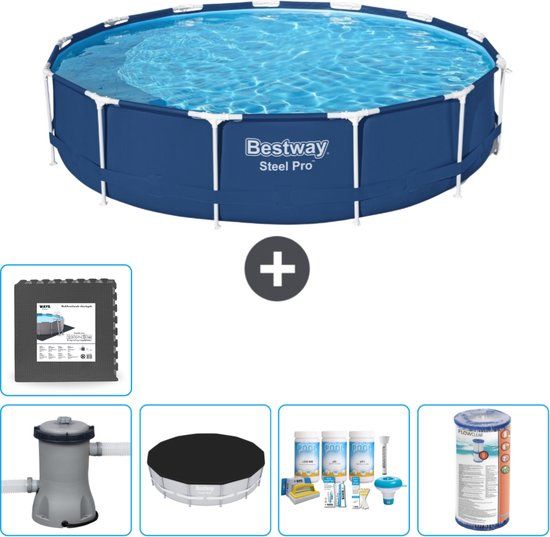 Bestway Rond Steel Pro Zwembad - 396 x 84 cm - Blauw - Inclusief Pomp, Afdekzeil & Onderhoudspakket