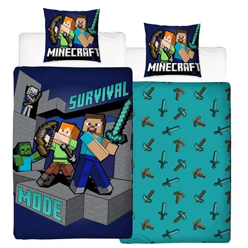 Character World Beddengoed 135 x 200 kinderen, omkeerbaar beddengoedset Minecraft figuren, 100% katoen, 80 x 80 + 135 x 200 cm, 2-delig, voor kinderen en tieners