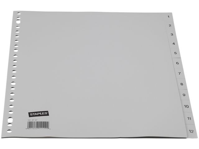 Staples 1-12 Tab Dividers Plastic 23 Rings 297 x 218/233 mm Grey