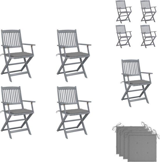vidaXL Folding Chair Set - Solid Acacia Wood - Greywash - 4 Chairs - 4 Cushions - Garden Chair