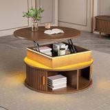 STILVORA Uittrekbare salontafel met LED-verlichting en dubbele opbergruimte, bijzettafel met rolluiken en een verborgen vak, ronde salontafel voor de woonkamer, notenhout