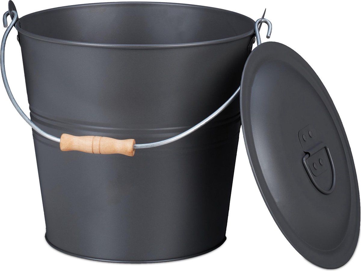 Relaxdays Assemmer met deksel - staal - kolenemmer - pelletemmer - open haard - 12 liter