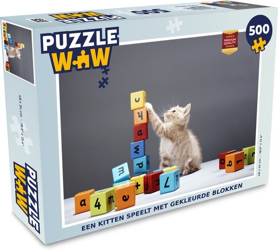 MuchoWow Puzzel Een kitten speelt met gekleurde blokken - Legpuzzel - Puzzel 500 stukjes - Sinterklaas cadeautjes - Sinterklaas voor grote kinderen