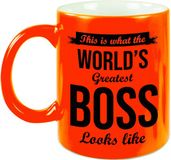Bellatio Decorations Shoppartners Bv What the worlds greatest boss looks like cadeau mok / beker 330 ml - neon oranje