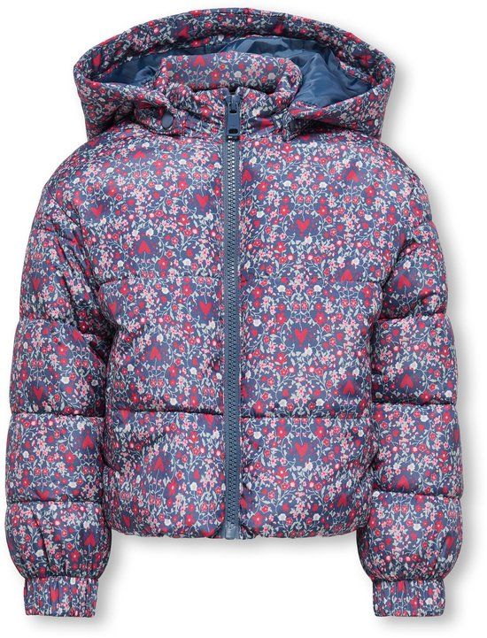 ONLY mini meisjes winterjas DALIA SHORT PUF AOP JACKET Vintage Indigo Flower Heart