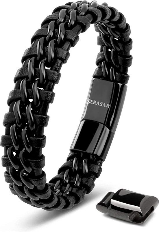 SERASAR Premium Lederen Armband Heren [Steel] - Zwart 20cm
