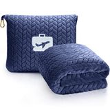 EverSnug Premium reisdeken kussen - zachte 2-in-1 vliegtuigdeken met zachte tas kussensloop, handbagagehoes en rugzakclip (marineblauw)