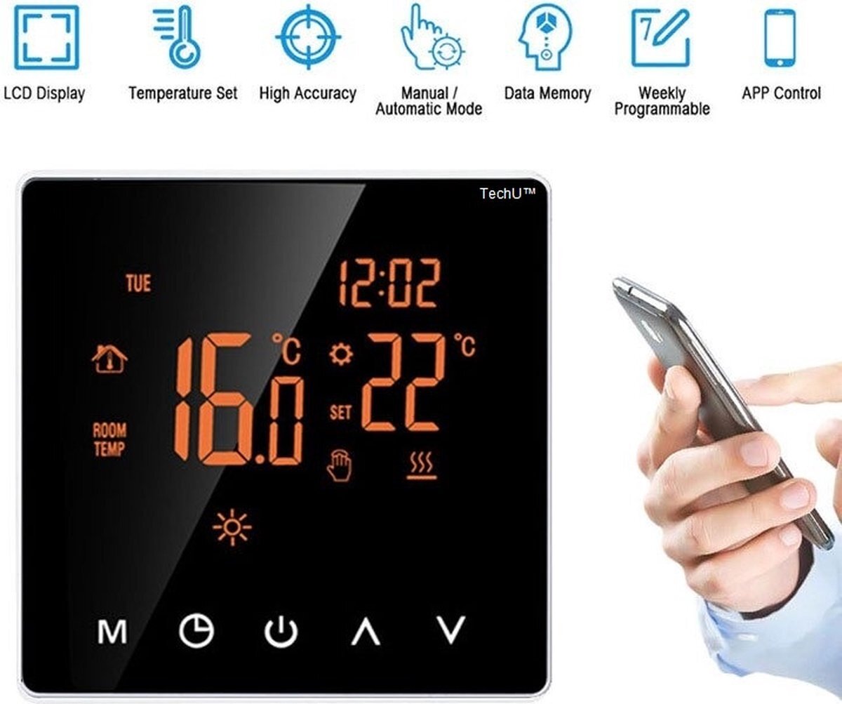 TechU™ Slimme Thermostaat Limit – Zwart – Gratis App & Wifi – Google Assistant & Alexa Amazon – IFTTT – Water Heating