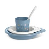 Suavinex, Spennenset voor kinderen + 6 maanden, servies voor kinderen, vaatwasmachinebestendig en magnetronbestendig. Inhoud: beker + bord + kom + lepel. My Family blauw