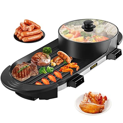 VEVOR 2-in-1 multifunctionele BBQ Hot Pot, BBQ Grill en Hot Pot met scheidingswand, aparte dubbele thermostaat Teppanyaki grillpan met 5 snelheden, voor familie, diners, vrienden, feest