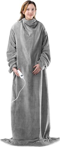 Navaris XXL warmtedeken met mouwen - Wasbare elektrische deken met 9 standen en timer - 195x125cm - Grjis/crème