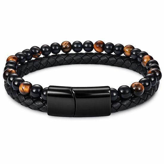 Memphis Heren armband zwart leer Tijgeroog kralen Edelstaal magneet sluiting - 20.5cm